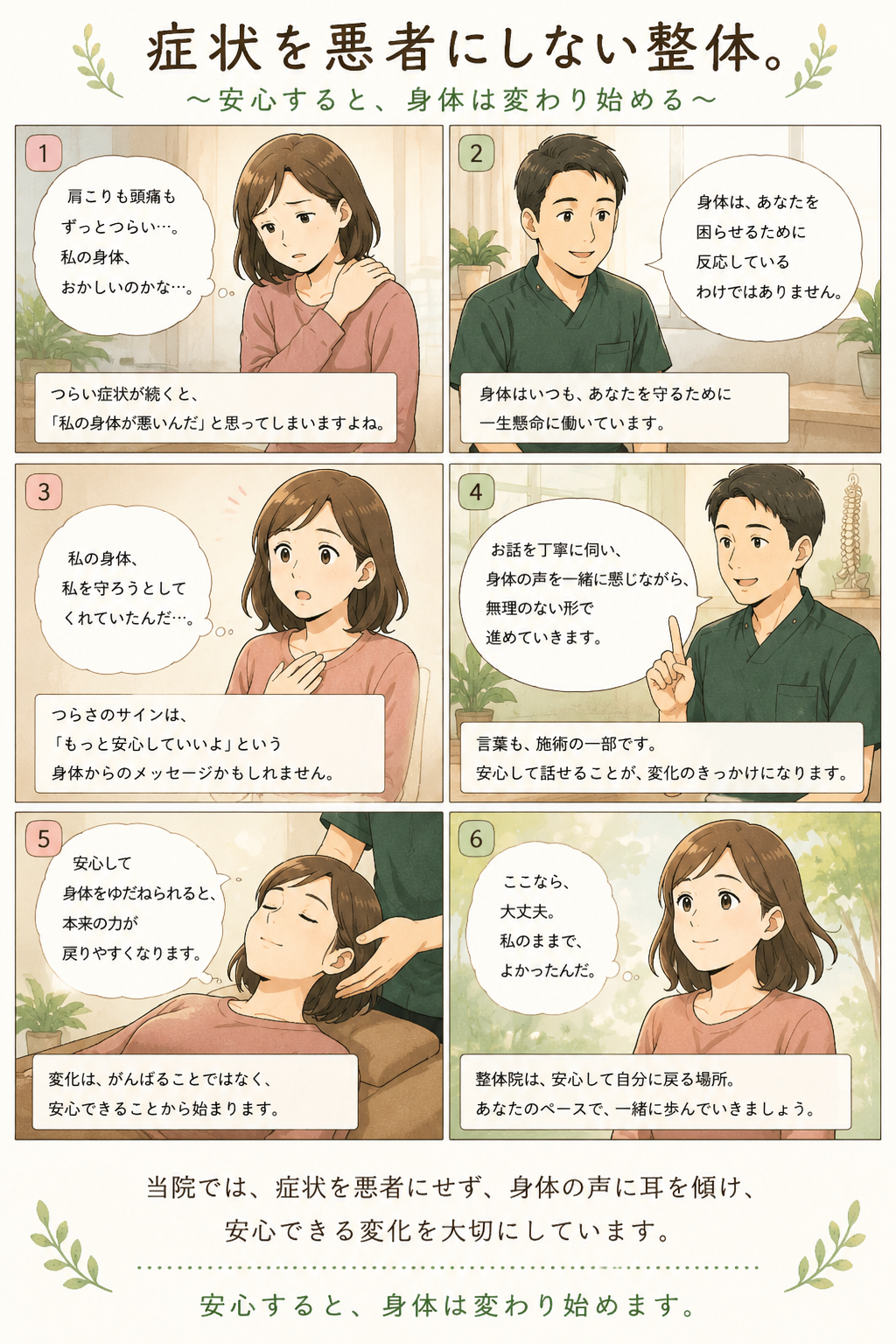 症状を悪者にしない整体。安心すると、身体は変わり始めるという当院の考えを描いたまんが