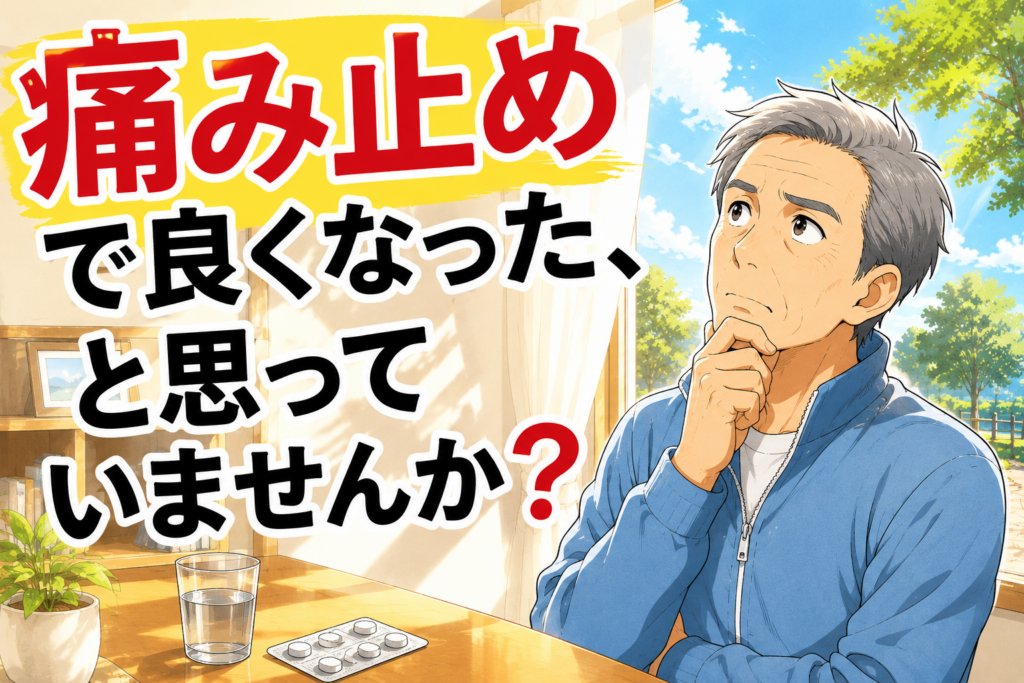 痛み止めで良くなったと思っていませんか？と問いかける、薬と水を前に考え込む男性の漫画風アイキャッチ画像