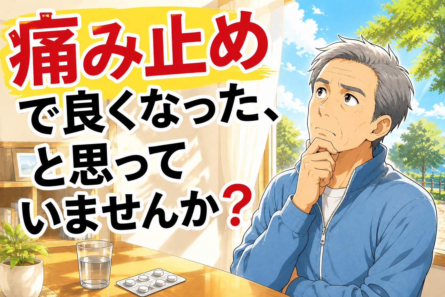 痛み止めで良くなったと思っていませんか？と問いかける、薬と水を前に考え込む男性の漫画風アイキャッチ画像