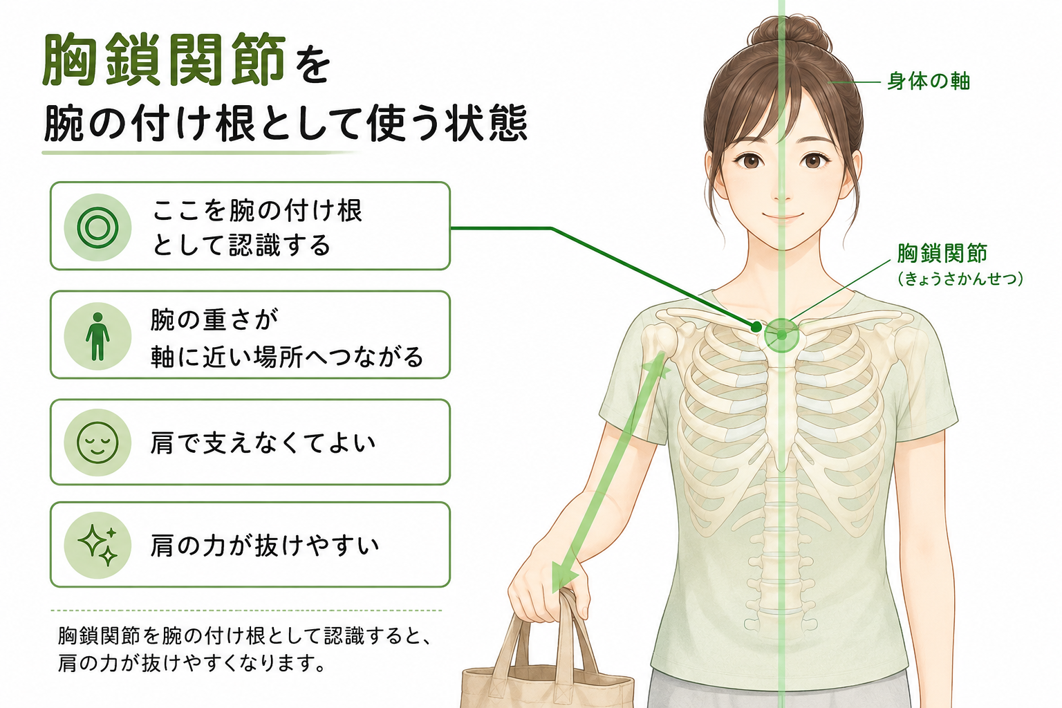 鎖骨の付け根(胸鎖関節)から腕がぶら下がる意識